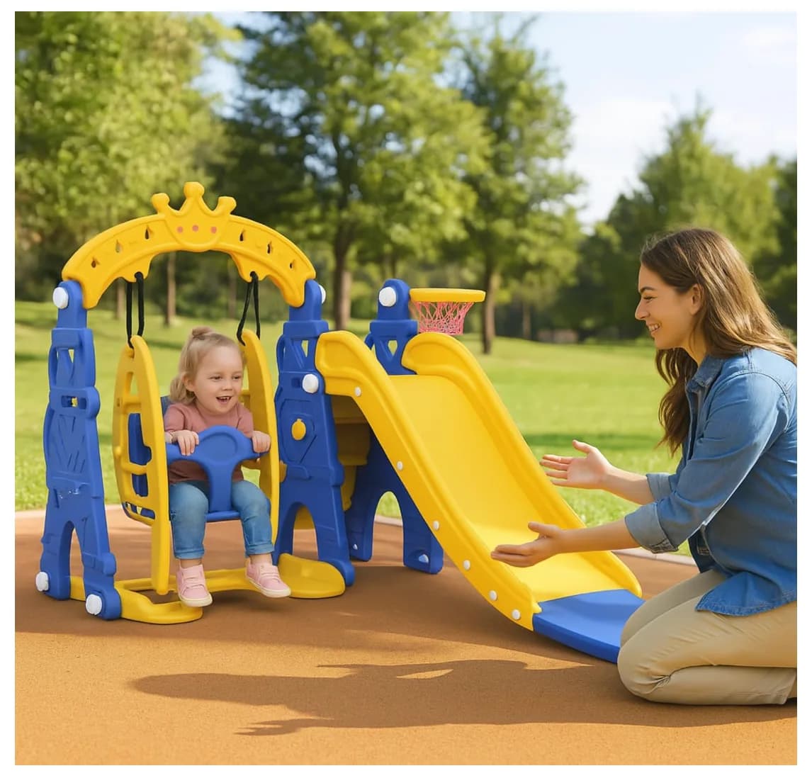 Solimo 3-in-1 Garden Castle Slide, Swing and Basketball Hoop